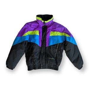 Vintage Obermeyer Skiwear Down Filled Jacket Mens Medium 80s 90s Black Purple